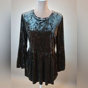 Cupio Olive Green Crushed Velvet Peplum Top